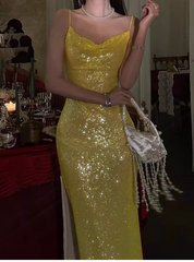 Elegant Sheath Spaghetti Strap Long Evening Gowns Yellow Sequins Special Formal Dresses Slit Prom Dresses DP2784