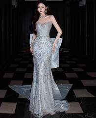 Modest Sheath Sweetheart Neck Evening Gown Tulle Sequins Formal Dress Stunning Long Prom Dresses DP2792