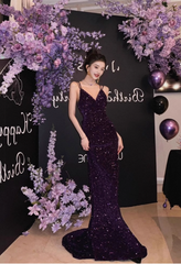 Stunning Mermaid Spaghetti Strap Evening Gown Dark Purple Open Back Formal Dress Sequins Long Prom Dress DP2795