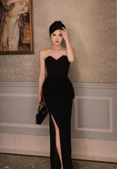 Modest Sheath Sweetheart Neck Long Evening Gown Black Formal Dress Elegant Birthday Dress DP2797