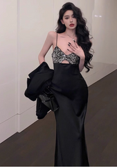 Modest Sheath Spaghetti Strap Long Evening Gown Black Formal Dress Elegant Sequin Satin Birthday Prom Dress DP2799