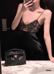 Modest Sheath Spaghetti Strap Long Evening Gown Black Formal Dress Elegant Sequin Satin Birthday Prom Dress DP2799