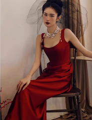 Modest Sheath Square Neck Long Evening Gown Burgundy Formal Dress Elegant Satin Prom Dress DP2800