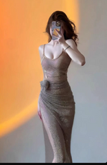 Modest Sheath Spaghetti Strap Long Evening Gown Champagne Metal Mesh Formal Dress Elegant Birthday Prom Dress DP2802