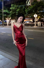 Stunning Mermaid Spaghetti Strap Long Evening Gown Burgundy Satin Formal Dress Elegant Birthday Dress DP2807