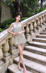 Sparkly Sheath Round Neck Homecoming Dress Tassel Beaded Short Birthday Dress Sequin Sweet Party Dress DP2809