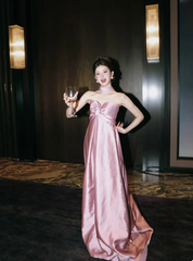 Modest Pink Empire Dress Satin Strapless Long Evening Dress Elegant Formal Dress Wedding Guest Dress DP2832