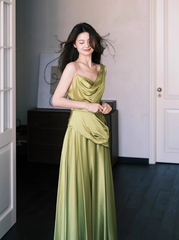Modest Green A-Line Evening Dress Satin Asymmetric Neckline Long Prom Dress Elegant Formal Dress Wedding Guest Dress DP2833