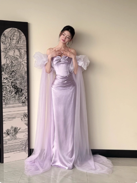 Modest Lavender Sheath Formal Evening Dress Satin Asymmetrical Neck Birthday Dress Elegant Graduation Dress DP2834