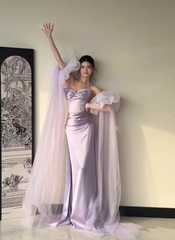 Modest Lavender Sheath Formal Evening Dress Satin Asymmetrical Neck Birthday Dress Elegant Graduation Dress DP2834