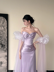 Modest Lavender Sheath Formal Evening Dress Satin Asymmetrical Neck Birthday Dress Elegant Graduation Dress DP2834