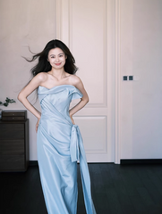 Elegant Blue Sheath Formal Evening Dress Satin Strap Birthday Dress Stunning Graduation Dress DP2836