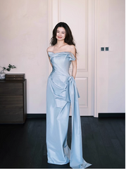 Elegant Blue Sheath Formal Evening Dress Satin Strap Birthday Dress Stunning Graduation Dress DP2836