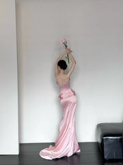 Elegant Strapless Mermaid Satin Long Pink Evening Dress Sweet Birthday Party Dress DP2904