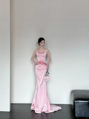 Elegant Strapless Mermaid Satin Long Pink Evening Dress Sweet Birthday Party Dress DP2904