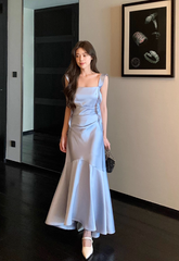 Elegant Spaghetti Strap Mermaid Satin Long Formal Evening Dress Cute Graduation Dress DP2906