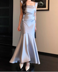 Elegant Spaghetti Strap Mermaid Satin Long Formal Evening Dress Cute Graduation Dress DP2906