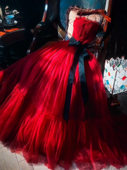 Elegant Strapless A-Line Tulle Long Formal Evening Dress Burgundy Sweet 16 Dress DP2908