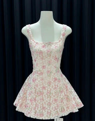 Sweet Pink A-Line Square Neck Short Homecoming Dress Floral Birthday Dress Formal Dress DP2911