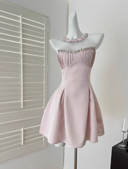 Sweet Pink A-Line Jewel Short Homecoming Dress Satin Birthday Dress Formal Dress DP2913