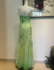 Elegant Spaghetti Strap Sheath Prom Dress Vintage Chiffon Beaded Green Formal Evening Dress DP2932