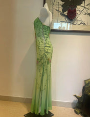 Elegant Spaghetti Strap Sheath Prom Dress Vintage Chiffon Beaded Green Formal Evening Dress DP2932