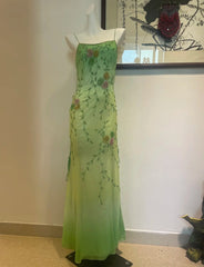 Elegant Spaghetti Strap Sheath Prom Dress Vintage Chiffon Beaded Green Formal Evening Dress DP2932