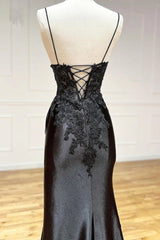 Sexy Sheath Satin Prom Dresses with Slit, Spaghetti Strap Formal Dress DP293