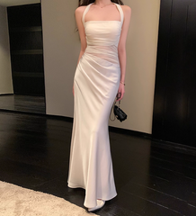 Elegant Halter Mermaid Satin Long Prom Dresses White Formal Evening Dresses  DP2980