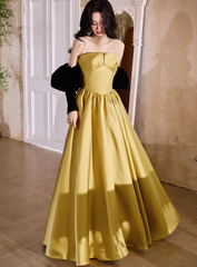Elegant Strapless Ball Gown Satin Long Prom Dresses Yellow Formal Evening Dresses DP2981