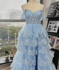 Fairy Off the Shoulder Light Blue Ruffles Prom Dress Party Gown Evening Dresses DP299