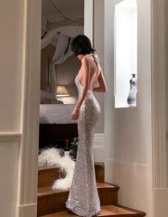 Silver Mermaid Long Formal Dresses,Sexy Backless Evening Dresses,  Guest Dresses With Sequins DP2991