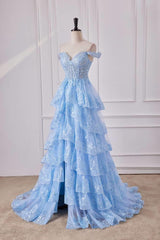 Fairy Off the Shoulder Light Blue Ruffles Prom Dress Party Gown Evening Dresses DP299