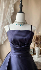 Cute A-Line Short Prom Dresses Spaghetti Straps Satin Birthday Dresses, Navy Blue Homecoming Dresses DP3002