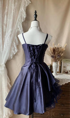 Cute A-Line Short Prom Dresses Spaghetti Straps Satin Birthday Dresses, Navy Blue Homecoming Dresses DP3002