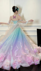 Gorgeous Off-the-shoulder A-line Tulle Beaded Long Prom Dresses, Formal Evening Dresses in Colorful DP3010
