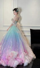 Gorgeous Off-the-shoulder A-line Tulle Beaded Long Prom Dresses, Formal Evening Dresses in Colorful DP3010