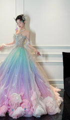 Gorgeous Off-the-shoulder A-line Tulle Beaded Long Prom Dresses, Formal Evening Dresses in Colorful DP3010