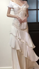 Elegant V-neck Sheath Chiffon Long Prom Dresses White Formal Evening Dresses DP3021