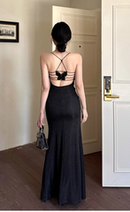 Spaghetti Strap Sheath Satin Long Prom Dresses Elegant Black Formal Evening Dress with Slits DP03041