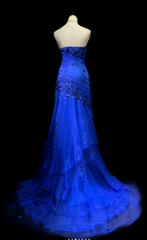 Modest Sweetheart Sheath Tulle Beaded Long Prom Dresses, Royal Blue Formal Evening Dresses DP3060
