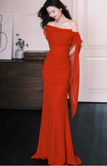 Elegant Off-shoulder Mermaid Chiffon Long Prom Dresses，Red  Formal Evening Gowns DP3069