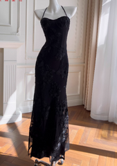 Elegant Spaghetti-Strap Sheath Chiffon Appliquéd Long Prom Dresses, Black Formal Evening Dresses DP3070