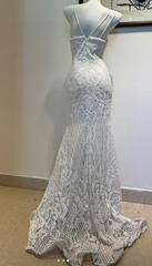 Elegant Spaghetti Strap Mermaid Beaded Chiffon Long Prom Dresses, White Beaded Formal Evening Dresses DP3094