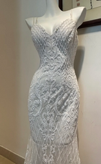 Elegant Spaghetti Strap Mermaid Beaded Chiffon Long Prom Dresses, White Beaded Formal Evening Dresses DP3094