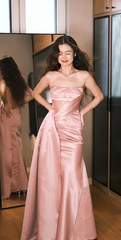 Elegant Strapless Sheath Satin Long Prom Dresses, Pink Formal Evening Dresses DP3095