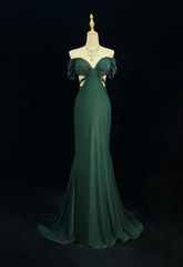 Vintage Off-the-shoulder Mermaid Chiffon Long Prom Dresses, Dark Green Formal Evening Dresses DP3099
