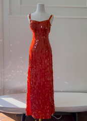 Sexy Spaghetti Straps Sheath Sequined Long Prom Dresses, Burgundy Formal Evening Dresses DP3100