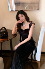 Elegant Spaghetti Straps Mermaid Velvet Long Prom Dresses, Black Evening Dresses DP3102