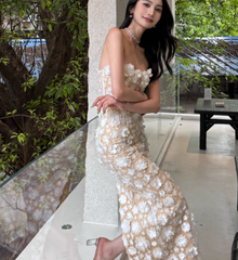 Elegant Strapless Sheath Applique Long Prom Dresses, Tulle Evening Dresses DP3105